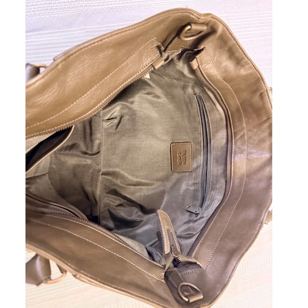 Eileen Fisher Olive Green Leather Tote Bag Hobo Handbag Brass Hardware